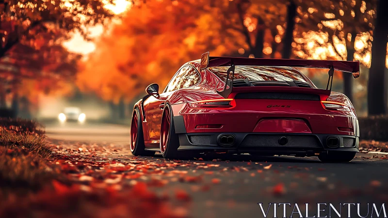 Red sports coupe is parked on a tree-lined autumn road