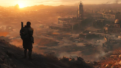 Solitary armored figure surveys industrial wasteland at dusk