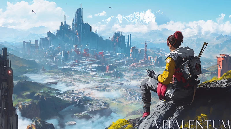 Lone scout savors a misty futurist city beneath snow peaks