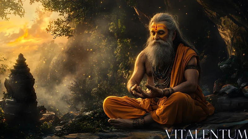 Ascetic sage in ochre robes meditating at luminous forest shrine
