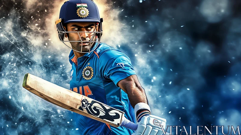 Cricket batsman in blue uniform swings bat with dynamic motion