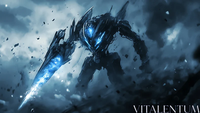Cybernetic war titan ignites stormy battlefield with energy blade.