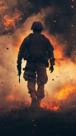 Backlit combat trooper advancing through incendiary blast field.