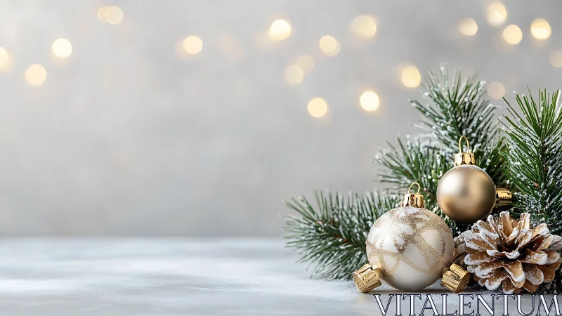 Gold Christmas ornaments with pine branches on snow surface.