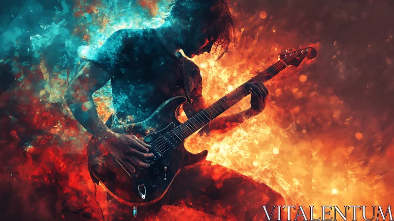 Silhouetted electric guitarist stands amid contrasting color clouds