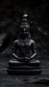 Monochrome Shiva statue in meditative stillness on stone pedestal.