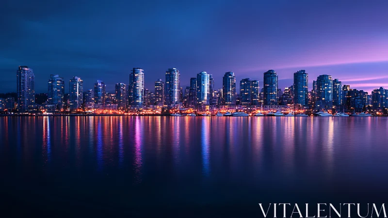 Twilight waterfront skyline with glass towers and neon reflections