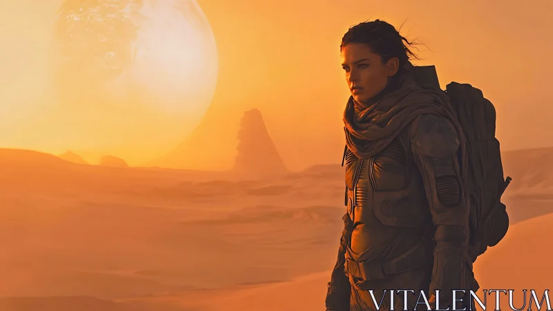 Lone desert explorer walks boldly under a vast alien sun