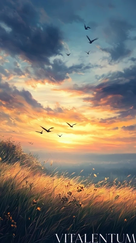 Sunset sky over hillside field with flock of birds in flight.