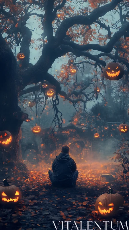 Solitary figure contemplates a haunted pumpkin forest glow