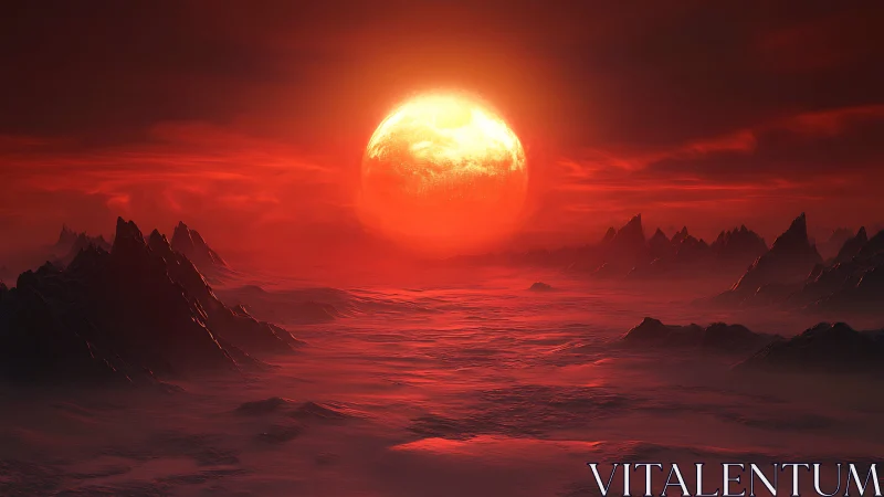 Red stellar object above rocky, mist-covered terrain.