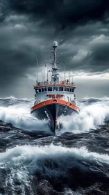Storm-bound rescue vessel cutting through towering waves.