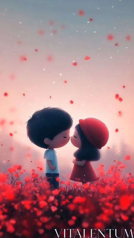 Animated couple sharing kiss amid swirling rose petals and luminous particles.