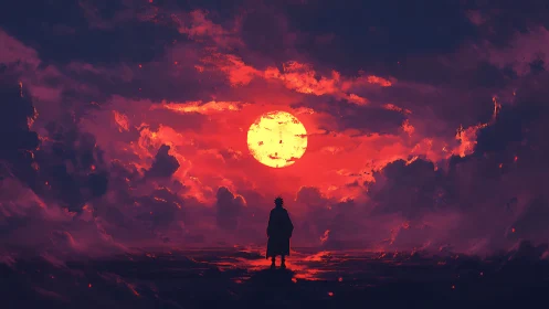Lone wanderer gazes into a blazing crimson sunset sky.