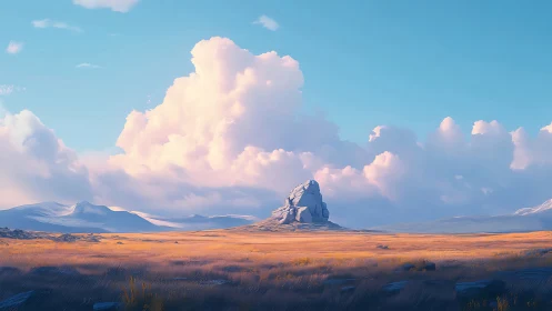 Isolated granite outcrop on sunlit steppe under cumulus banks