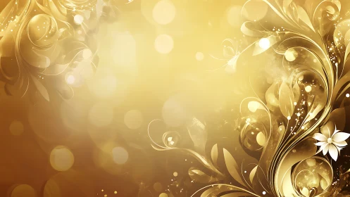 Golden floral swirls with glowing bokeh light field.