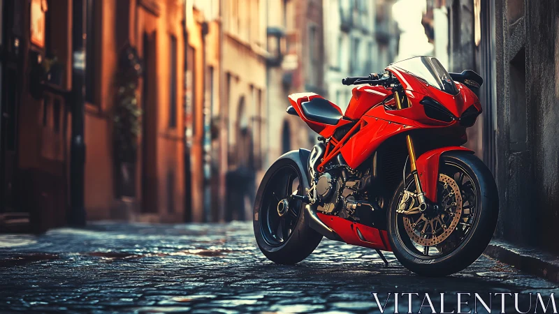 Red sport motorcycle stands on wet cobblestone alley