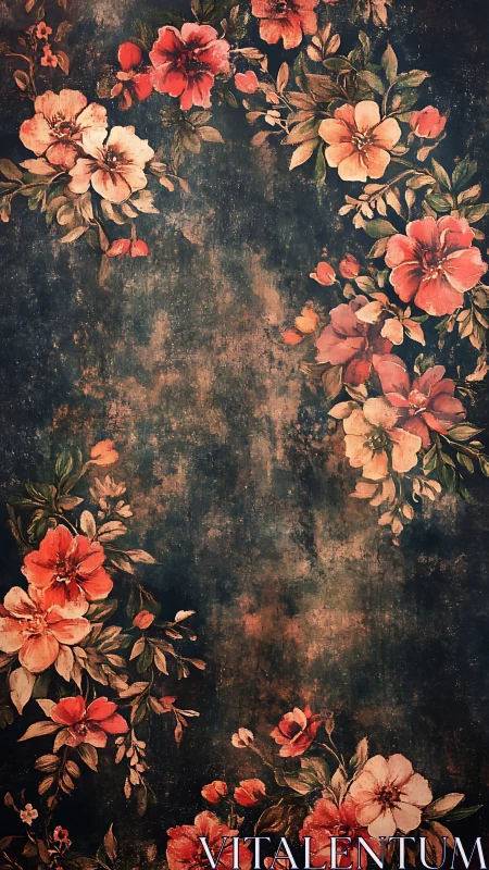 Vintage floral border on distressed teal botanical ground.