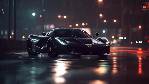 Sleek supercar cuts through rainy neon city streets at night