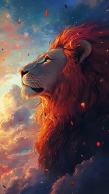 Profile view of digitally rendered lion above cloudscape