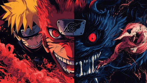 Dual split composition of ninja figure and red beast form.