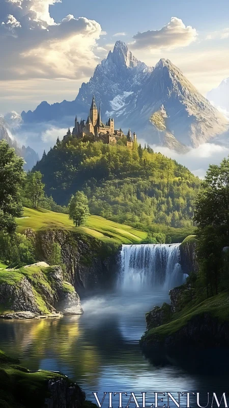 Majestic hilltop castle above alpine waterfall valley.