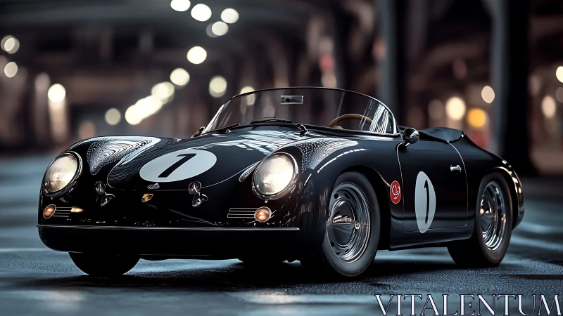 Vintage black race roadster glows under moody night lights