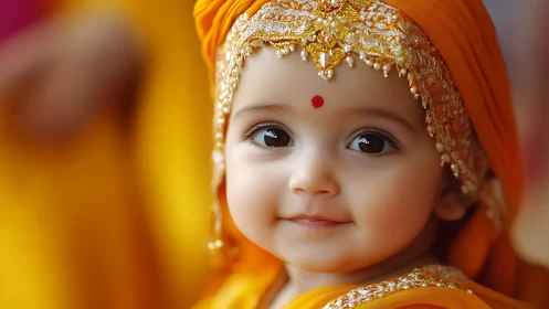 Ornately adorned infant portrait in warm saffron tones