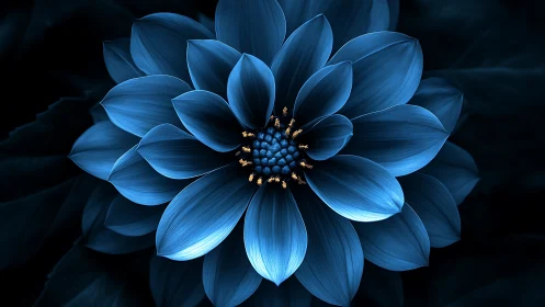 Blue Dahlia with Golden Stamens Against Dark Background.