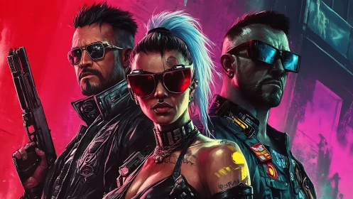 Cyberpunk trio stand ready in neon-soaked urban shadows.