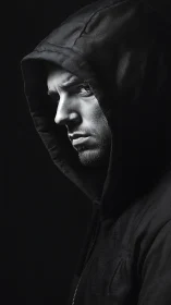 Moody side portrait of man in dark hooded sweatshirt.