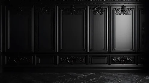 Baroque-inspired matte black wall with ornate molded panels.