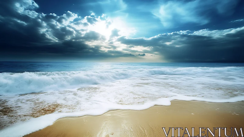 Dynamic coastal surf under high-contrast cumulonimbus sky lighting
