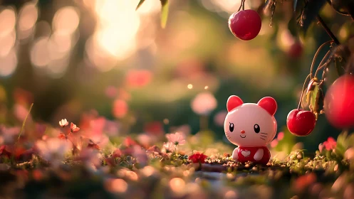 Toy mouse greets dusk beneath glowing cherries in soft bloom