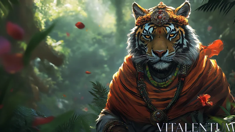 Tiger wearing ornate orange robes sits in dense jungle