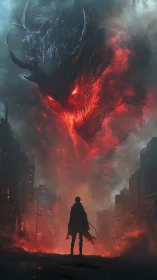 Fearless wanderer meets a colossal fire-born demon in ruin.