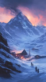 Snowbound mountain outpost under fiery evening sky.