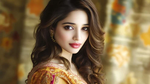 Elegant woman in golden ethnic attire gazes with serene warmth