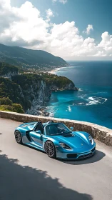 Turquoise supercar glides along sunlit cliffside coastline road.