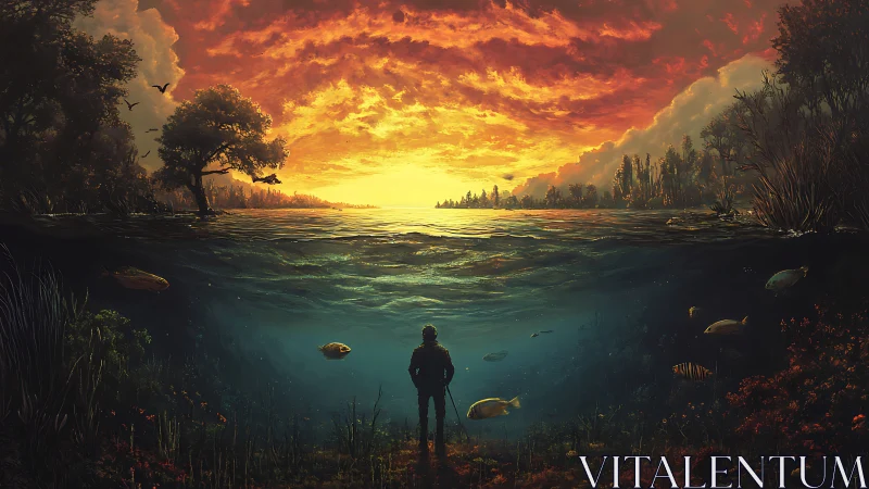 Surreal split-level seascape with lone figure at sunset.