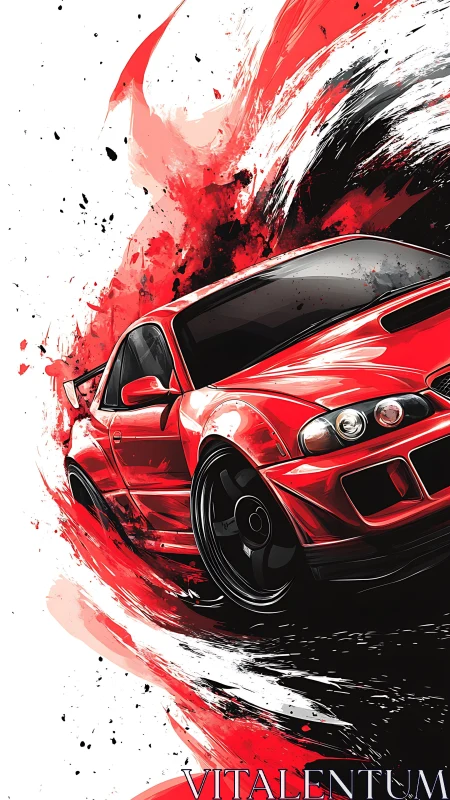 Red drift car slices through abstract ink and paint trails