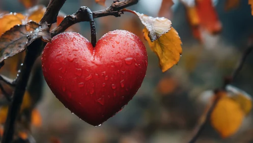 Heart-shaped red fruit with frost and autumn foliage on branch