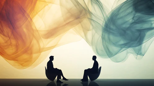 Silhouetted dialogue unfolds beneath swirling color clouds.