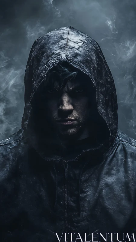 Hooded male figure stands in low key, smoke filled portrait