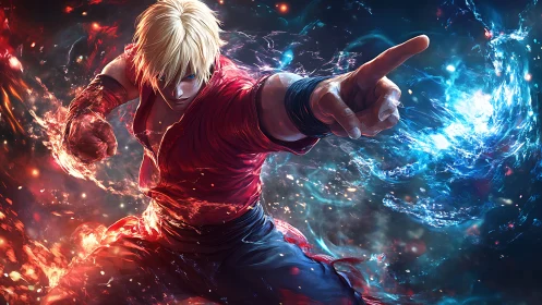 Male fighter directs opposing red and blue energy streams