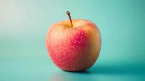 Red yellow apple rests on clean teal gradient background