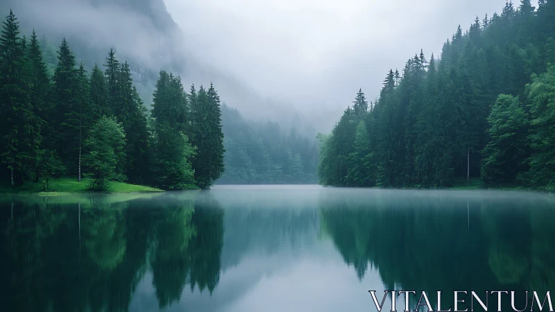 Alpine Lake Reflection: Misty Coniferous Forest Landscape.