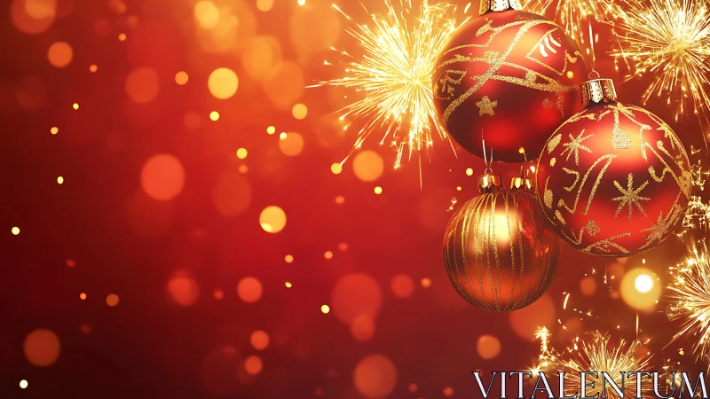 High-gloss red baubles with glitter detail against bokeh sparks