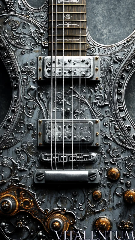 Ornate metallic electric guitar body with embossed detailing.
