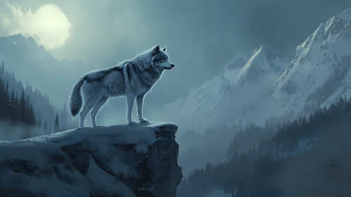 Lone silver wolf overlooking misty alpine mountain range.